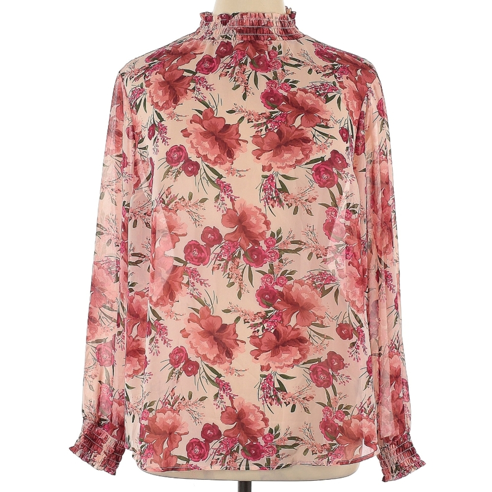 torrid Blush Pink Floral Ruffle-Neck Sheer Blouse